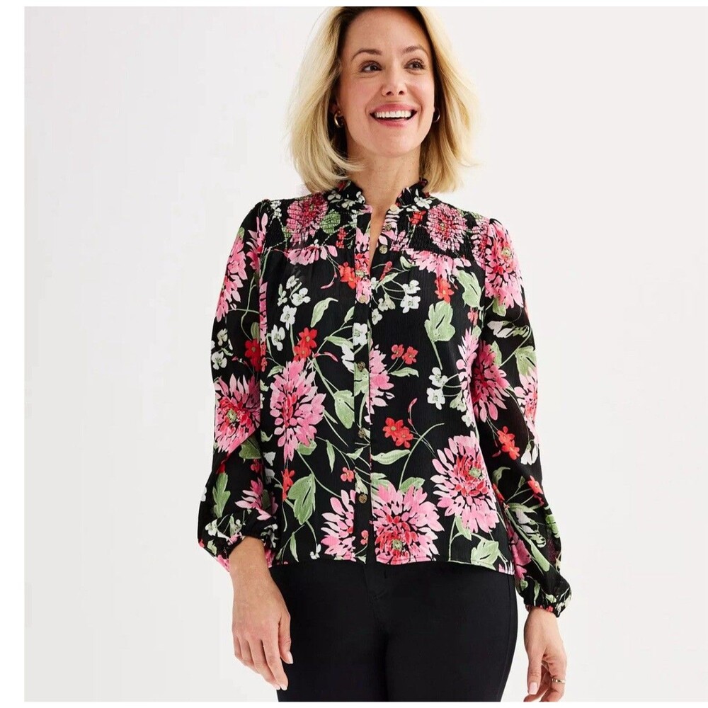 Draper James Black Floral Smocked Boxy Shirt Blouse Plus Size Size 1X XL Light